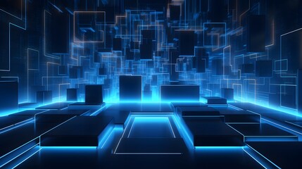 Obraz premium 3d rendering of blue and black abstract geometric background. Scene for advertising, technology, showcase, banner, game, sport, cosmetic, business, metaverse. Sci-Fi Illustration. Product display