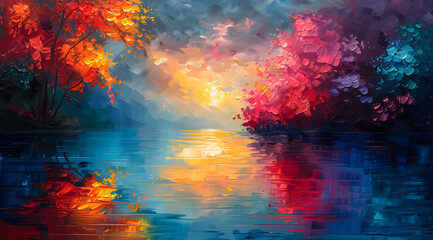 River's Canvas: Vibrant Oil Painting of Colorful Scene Reflected on Tranquil Waters