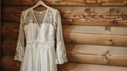 wedding dress for bride and blouse hanging on the wood wall