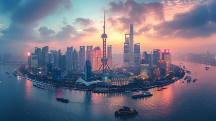 The Bund at sunset, Shanghai, China. - obrazy, fototapety, plakaty