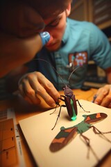 A scientist examines a mutated insect, its body pulsating with an eerie green glow , - obrazy, fototapety, plakaty