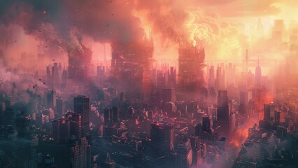 A post-apocalyptic cityscape with a red tint. - obrazy, fototapety, plakaty