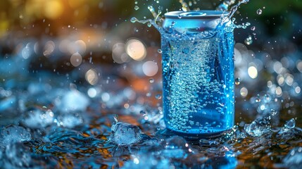 Cans of soda water with splashes and drops on blue background - obrazy, fototapety, plakaty