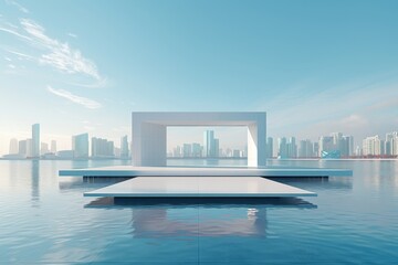 Naklejka premium Modern buildings by the lake. The modern urban skyline is in the background.