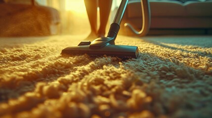 A house cleaner's precision shines through as they vacuum, leaving carpets flawlessly groomed and rooms free from dust