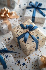 Luxurious Blue Gift Boxes with Golden Stars and Elegant Ribbons