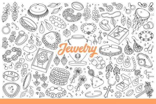 Jewelry for women made from precious metals and diamonds or pearls. Set of jewelry or watches and amulets made of gold or silver to decorate girl image at fashionable party. Hand drawn doodle