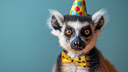 Naklejka premium Ring-Tailed Lemur with Birthday Hat