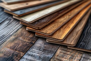 Wooden laminate flooring samples on wooden background. Selective focus. - obrazy, fototapety, plakaty
