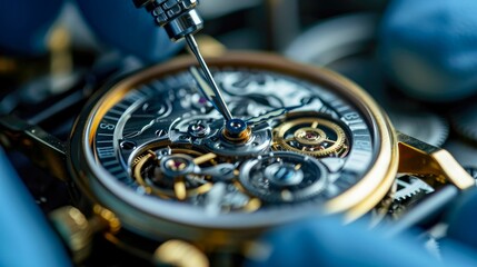 close-up shot of watch being repaired by gloved hands - obrazy, fototapety, plakaty