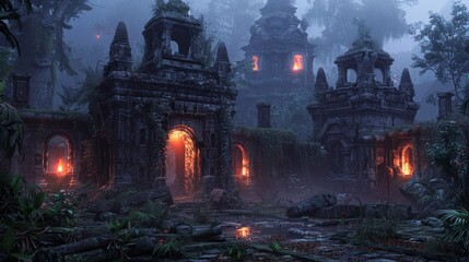 A digital painting of an ancient temple hidden in the jungle. The temple is overgrown with vines and moss, and there is a thick mist in the air. The only light comes from a few torches that are flicke