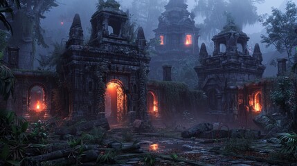 Fototapeta premium A digital painting of an ancient temple hidden in the jungle. The temple is overgrown with vines and moss, and there is a thick mist in the air. The only light comes from a few torches that are flicke