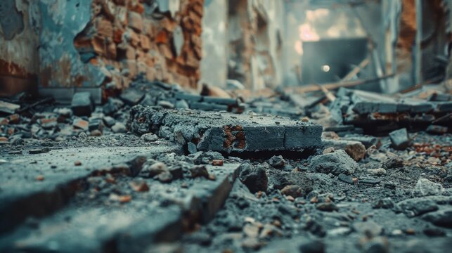 Close-Up of Debris in a Ruined Building