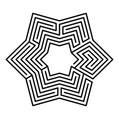 Hexagonal maze, star-shaped, six-pointed labyrinth in seven courses, with a collection of paths from the entrance to the goal. Construction template of the 17th century for a hedge maze of a garden.