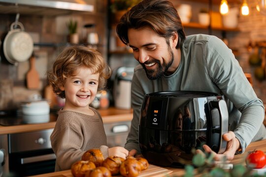 A joyful father and his young son are enjoying their time together while using an air fryer to prepare snacks in the kitchen