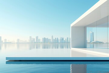 Modern buildings by the lake. The modern urban skyline is in the background.