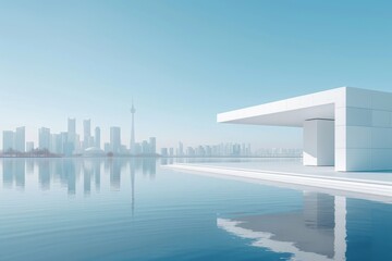 Fototapeta premium Modern buildings by the lake. The modern urban skyline is in the background.