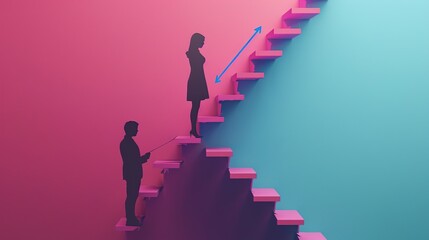 A woman and a man are at the bottom of a pink staircase. The woman is further up the stairs than the man. There is a blue arrow pointing from the man to the woman.

 - obrazy, fototapety, plakaty