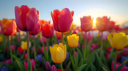 A sweeping view of a tulip field in the Netherlands, with rows of different colors captured vividly under a clear spring sky