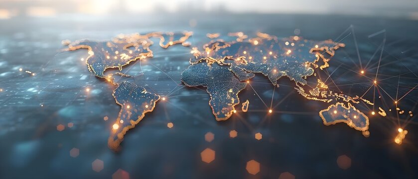 Global network map showing international data transfer and business information exchange. Concept Data Transfer, International Business, Global Network, Information Exchange, Network Map