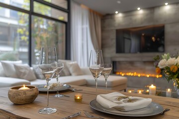 An intimate table setting with candles, dishes, and wine glasses in a modern home showing a comfortable living space with a TV and soft lighting