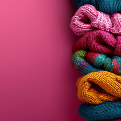 colorful knitwear on a seamless monochromatic dark pink backdrop.