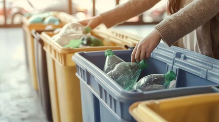 Person recycling plastic bottles into blue and yellow bins, promoting environmental responsibility.