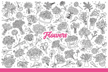 Fragrant flowers collected in bouquets for gifts to women or home decoration. Gift flowers in vases and boxes for romantic present on valentine eve or march 8th. Hand drawn doodle.