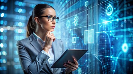 Programmer or IT person in glasses and on a 3D Screen Thinking About Data Analytics, Digital Technology, and Cyber-security. Code Hologram and Woman on Tablet Thinking About Data Analytics, Digital