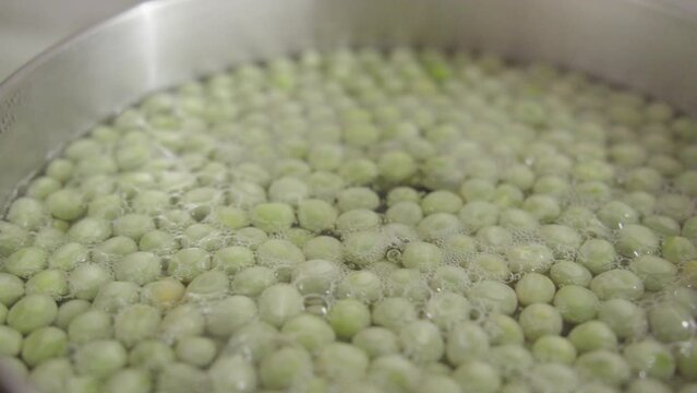 Fresh peas is placed on a stove, the peas slowly cooking and releasing their savory aroma.