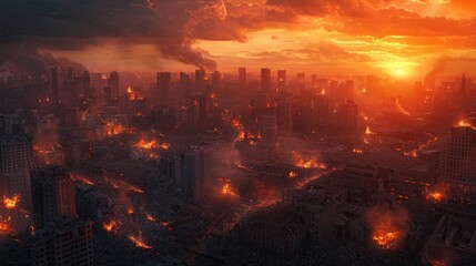 Naklejka premium Fiery Sunset Over a Ruined Cityscape