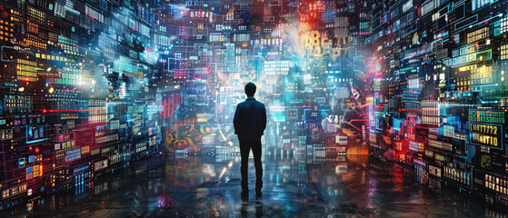 Man silhouette in world of social media, people and digital data information, abstract dark news background. Concept of global network, connect, online,