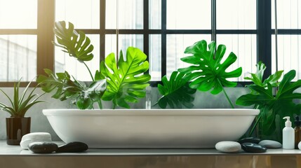 Bright and airy bathroom with a freestanding tub surrounded by lush green plants and natural light.