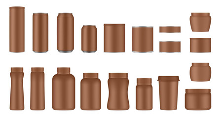 Set of brown tin cans and jars. Coffee or tea canister. Tin can for preserves or pet food. Beer, cocktail or soda can. Chips tube. Cookie jar. Round box for sugar or flour