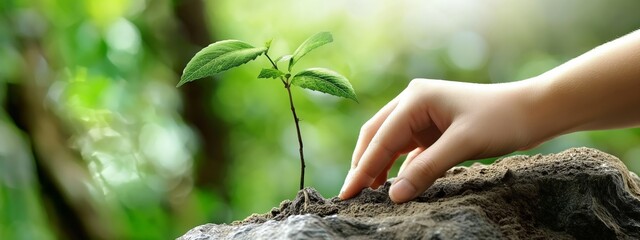 Close-up of a hand nurturing a young plant on a rocky surface with a blurred green background. - obrazy, fototapety, plakaty