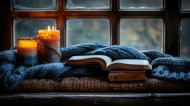 A cozy window seat with a book, a candle, and a blanket.