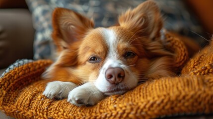 A cute dog is lying on a blanket. The dog is brown and white, and the blanket is orange and white. The dog is looking at the camera with a tired expression on its face.