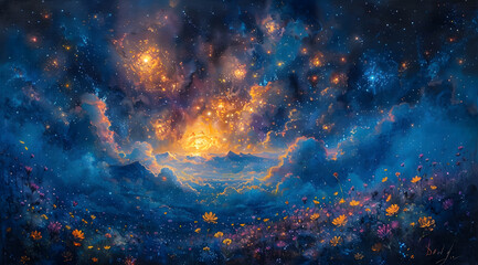 Enchanted Garden: Artistic Oil Painting of Mystical Creatures and Fairies Under Starlit Sky - obrazy, fototapety, plakaty
