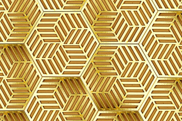 Golden shape hexagon cell tiling on the luxury decoration interior Gold wood honeycomb, hexagon,...