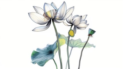 Delicate lotus flowers with translucent petals on a white background