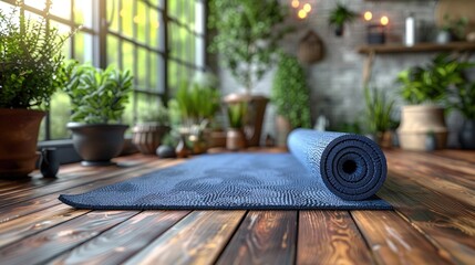 Blue yoga mat rolled up on a wooden floor in a sunlit room with plants