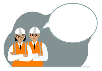 Male and female engineers in white helmets and vests, next to a white bubble of thoughts. Plans, thoughts, places, strategies.