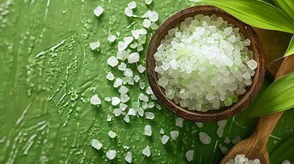 Poster Spa minerals Aromatherapy salt on green background © Asad