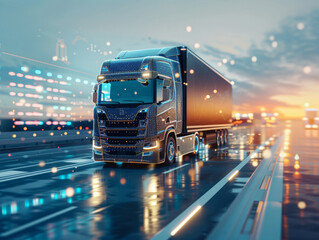 A semi-truck drives down the highway at night. The truck is illuminated by the lights of the city.