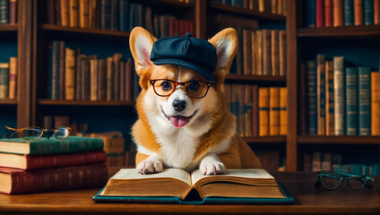 cute  friendly  dog in the library