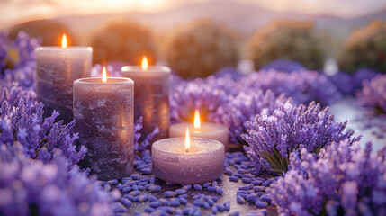 Obraz na płótnie Canvas Lavender flowers and burning candles against the backdrop of a lavender field at sunset. Lavender for making aromas, perfumes, soothing incense.