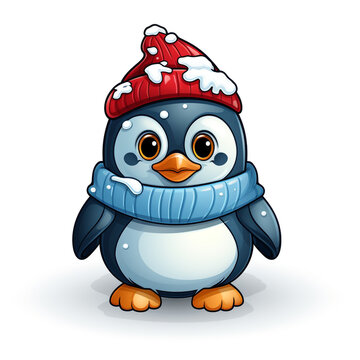 recommend clip art: Christmas Penguin illustration with outline with white Background сreated with Generative Ai