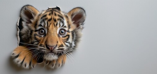 Cute tiger cub peeking out of a hole in the wall