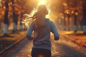 A woman wearing headphones on a run in the city with a blinding sunset - Powered by Adobe