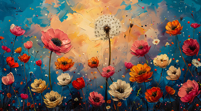 Garden Whispers: Artistic Oil Painting of Dandelion Seeds in Vibrant Garden